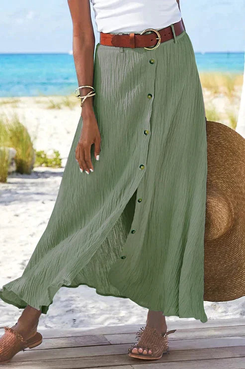 Coral Button Front Maxi Skirt High Waist Linen Look