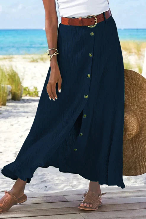 Coral Button Front Maxi Skirt High Waist Linen Look