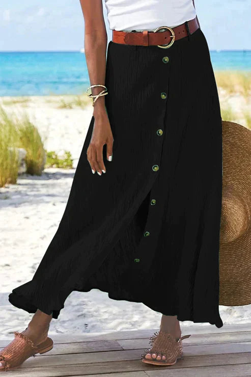 Coral Button Front Maxi Skirt High Waist Linen Look