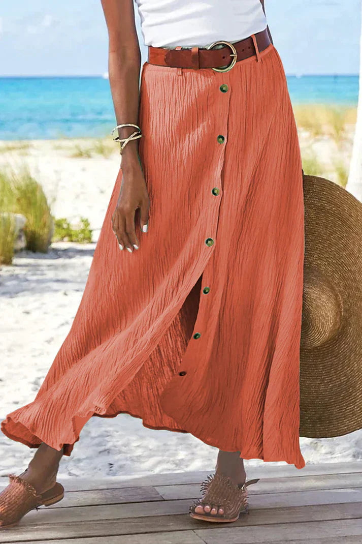 Coral Button Front Maxi Skirt High Waist Linen Look