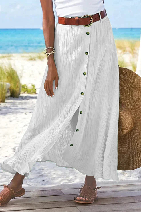Coral Button Front Maxi Skirt High Waist Linen Look