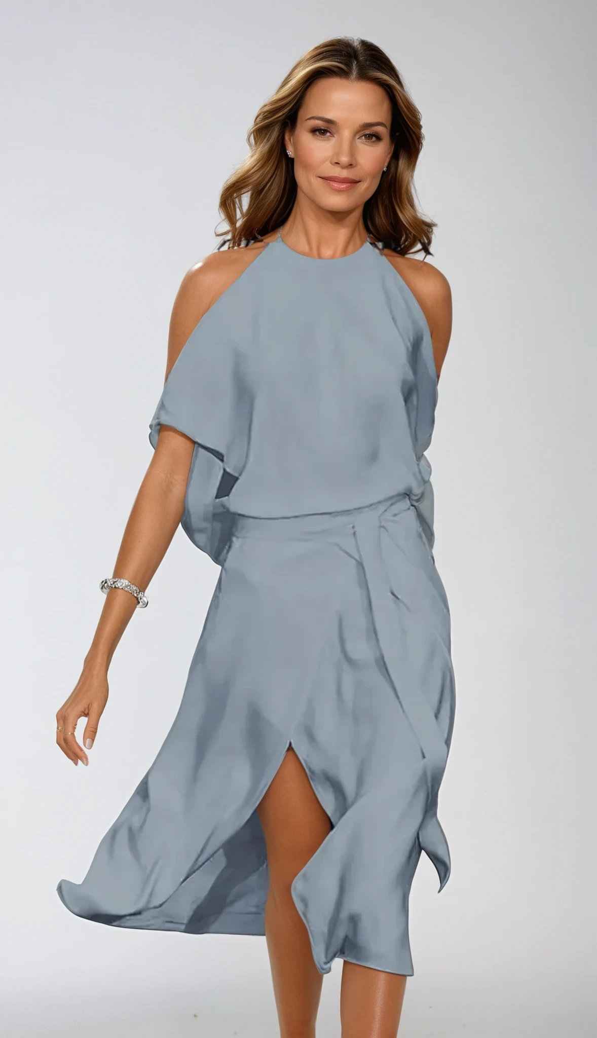 Biała sukienka midi z dekoltem halter i kopertową spódnicą