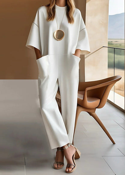 Aria Short Sleeve Wide Leg Jumpsuit Crew Neck