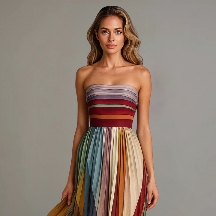 Judith Strapless Colorful Pleated Summer Maxi Dress