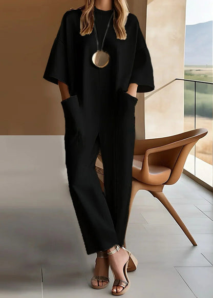 Aria Short Sleeve Wide Leg Jumpsuit Crew Neck