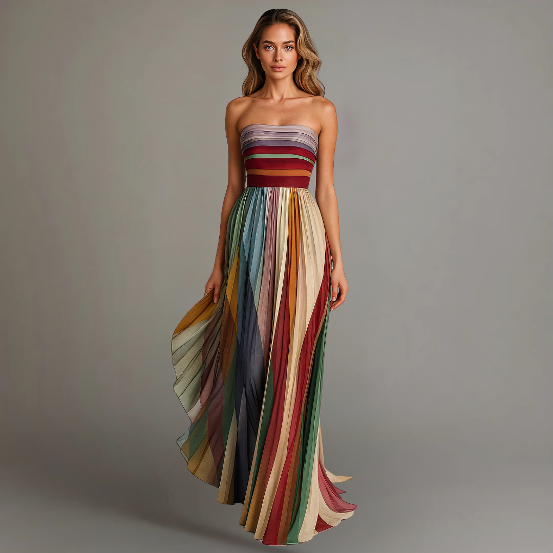 Judith Strapless Colorful Pleated Summer Maxi Dress