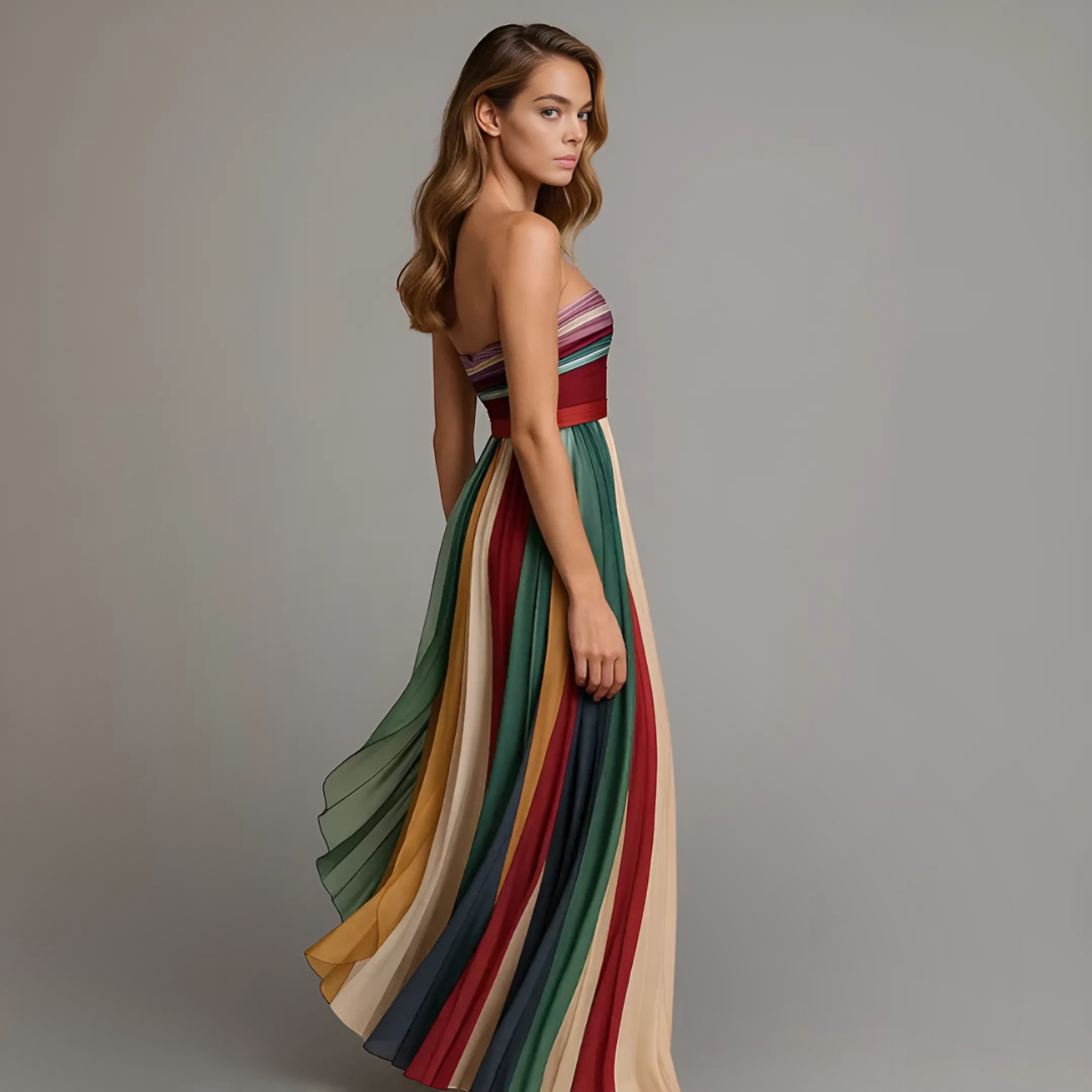 Judith Strapless Colorful Pleated Summer Maxi Dress