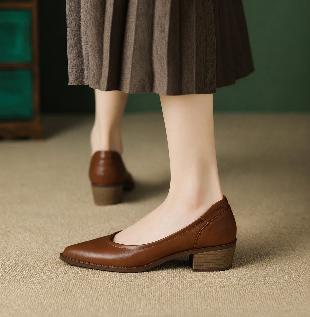 Cora Pointed Toe Block Heel Pumps Slip On Mid Shoes