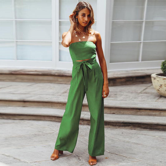 Sandy Strapless Tie Waist Wide Leg Jumpsuit
