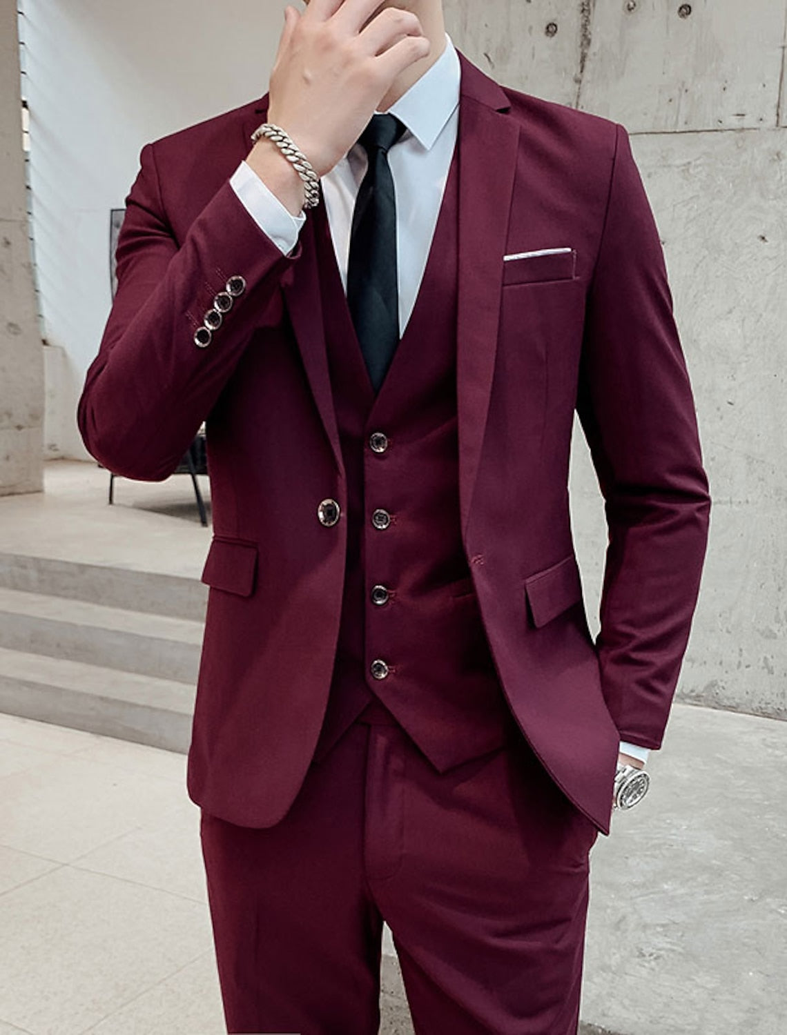 Męski Garnitur Trzyczęściowy Slim Fit, Dwa Guziki