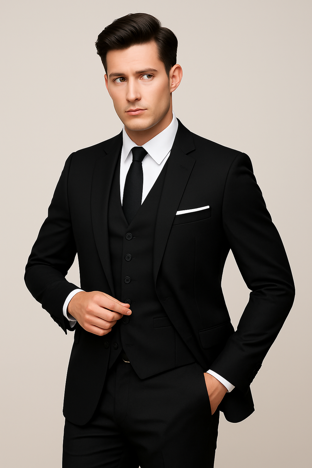 Mężczyzna w granatowym garniturze trzyczęściowym