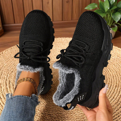 Damskie sneakersy na sznurowanie z futerkowym wykończeniem i grubą podeszwą