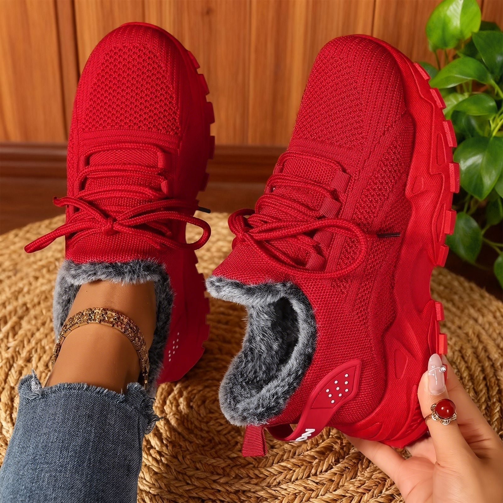 Damskie sneakersy na sznurowanie z futerkowym wykończeniem i grubą podeszwą