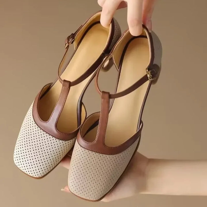 Piper T-Strap Block Heel Shoes Square Toe Mid Pumps