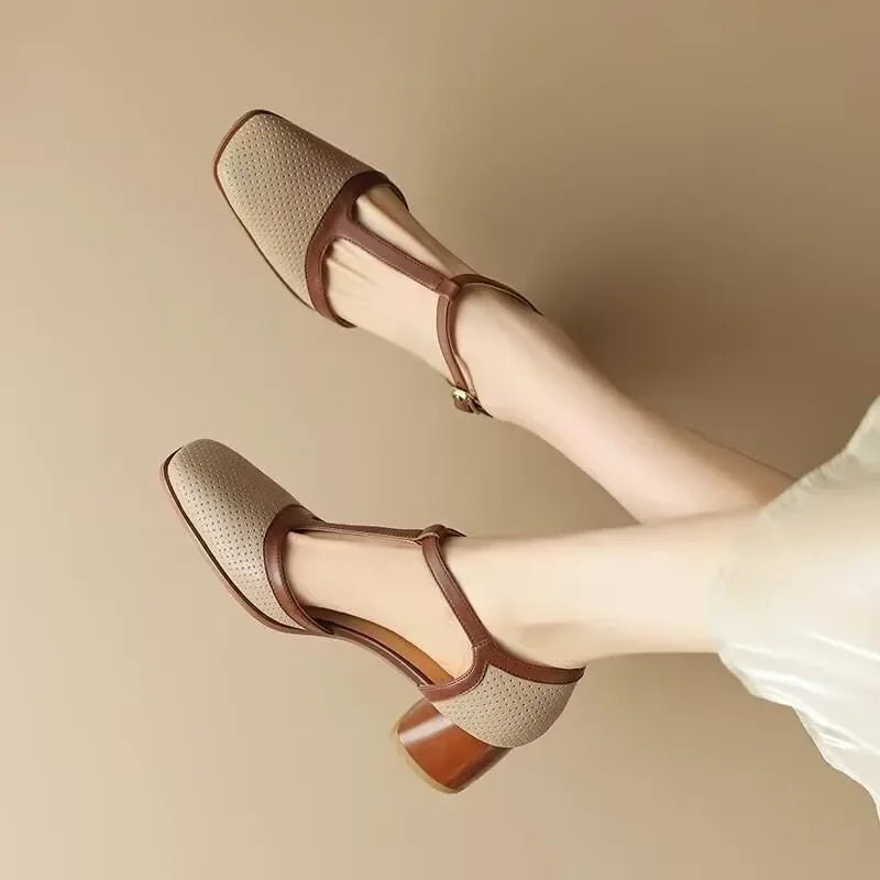 Piper T-Strap Block Heel Shoes Square Toe Mid Pumps