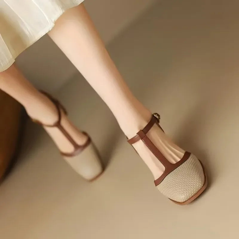 Piper T-Strap Block Heel Shoes Square Toe Mid Pumps