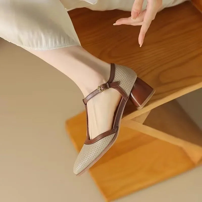 Piper T-Strap Block Heel Shoes Square Toe Mid Pumps