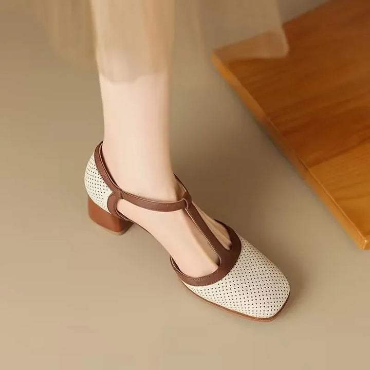 Piper T-Strap Block Heel Shoes Square Toe Mid Pumps
