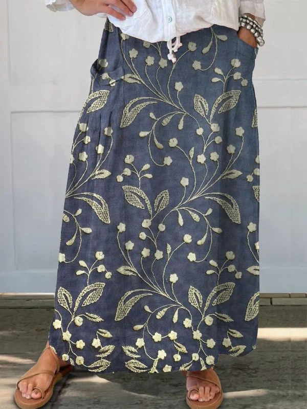 Josa Retro Floral Art Elastic waistband Pocket Skirt