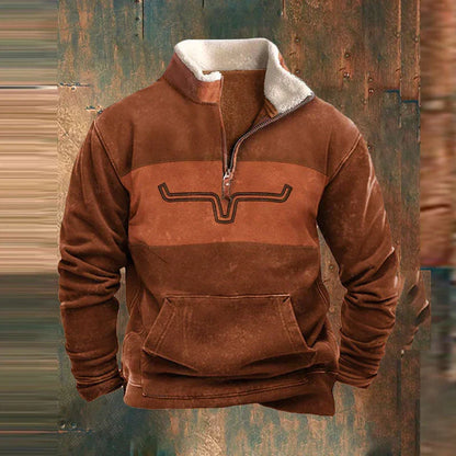 Męski sweter z zamkiem pod szyją i geometrycznymi wzorami na rękawach