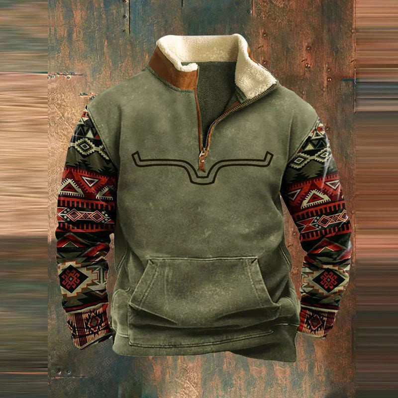 Męski sweter z zamkiem pod szyją i geometrycznymi wzorami na rękawach