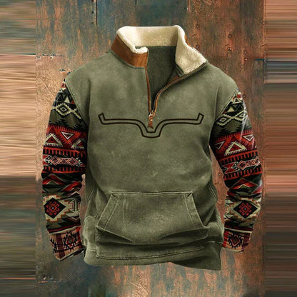 Męski sweter z zamkiem pod szyją i geometrycznymi wzorami na rękawach