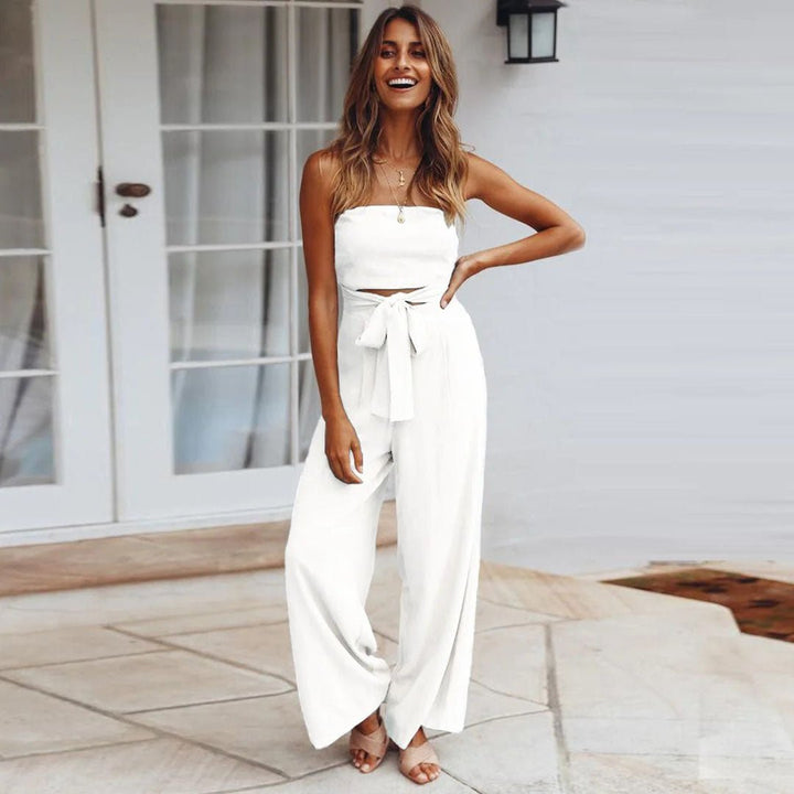 Sandy Strapless Tie Waist Wide Leg Jumpsuit