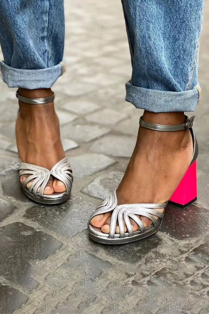 Seraphina Colorful Shiny Sandals with Buckle and Thick Heel