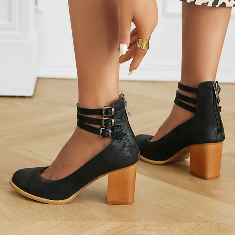 Casilda Smooth Sandals with Ankle Strap and Thick Heel