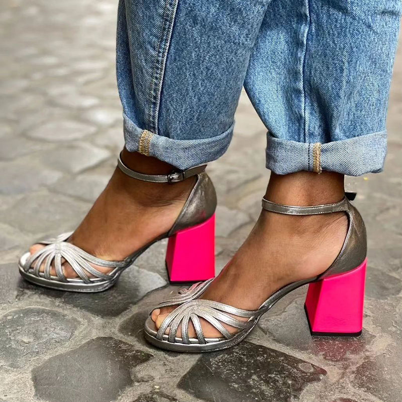Seraphina Colorful Shiny Sandals with Buckle and Thick Heel
