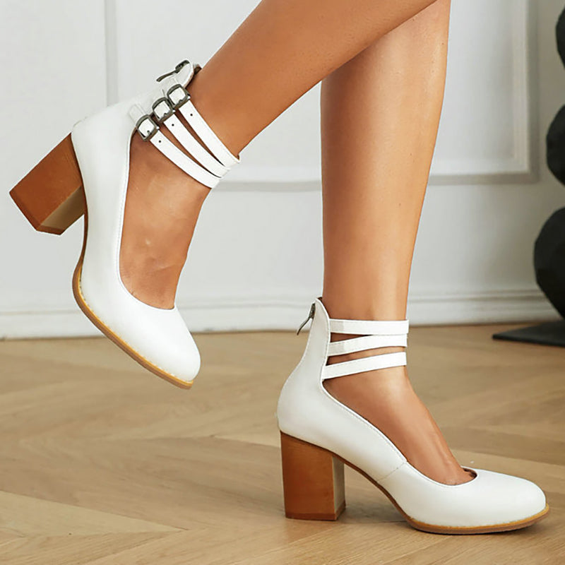 Casilda Smooth Sandals with Ankle Strap and Thick Heel