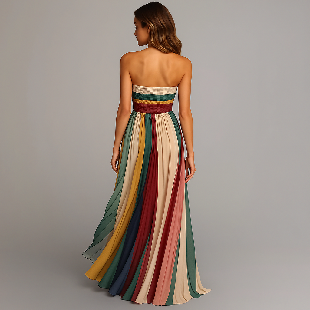 Judith Strapless Colorful Pleated Summer Maxi Dress