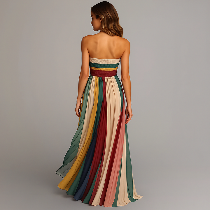 Judith Strapless Colorful Pleated Summer Maxi Dress