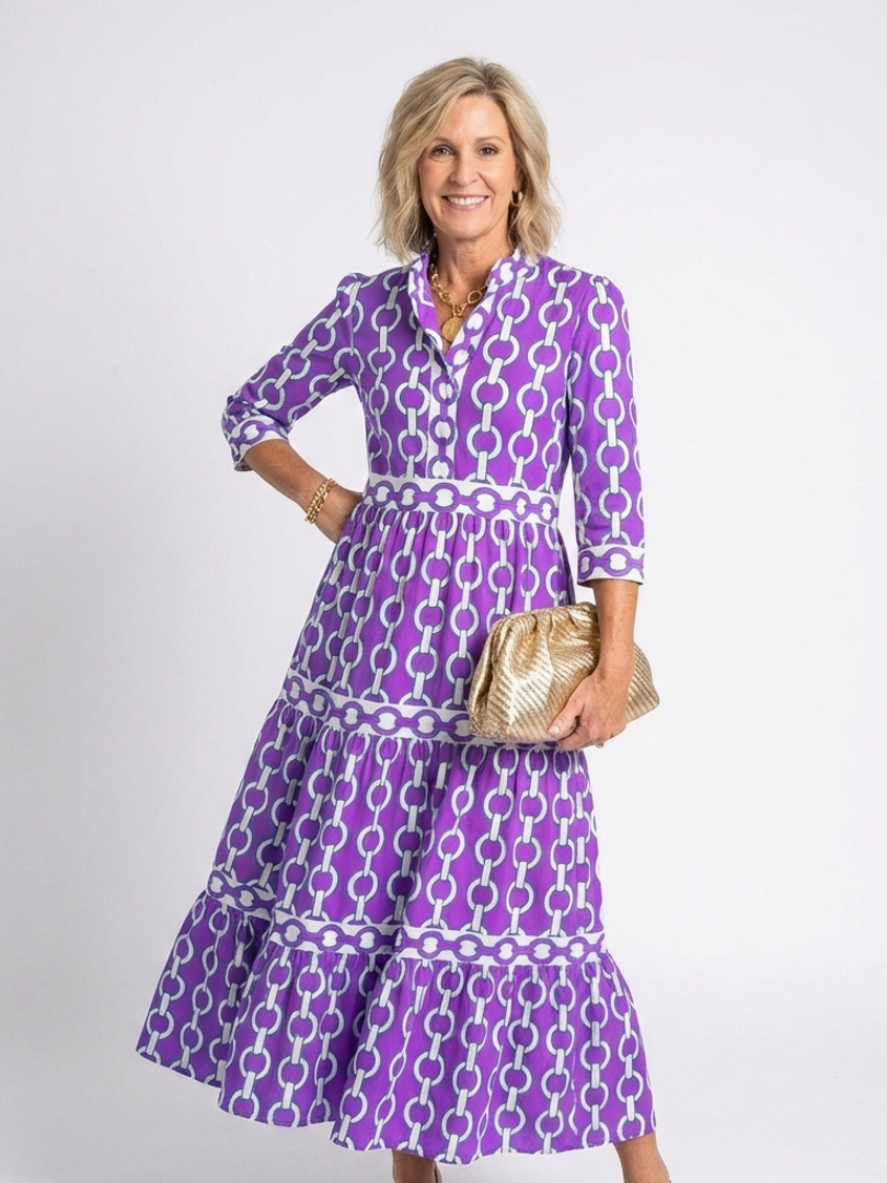 Keziah Chain Print 3/4 Sleeve Midi Dress