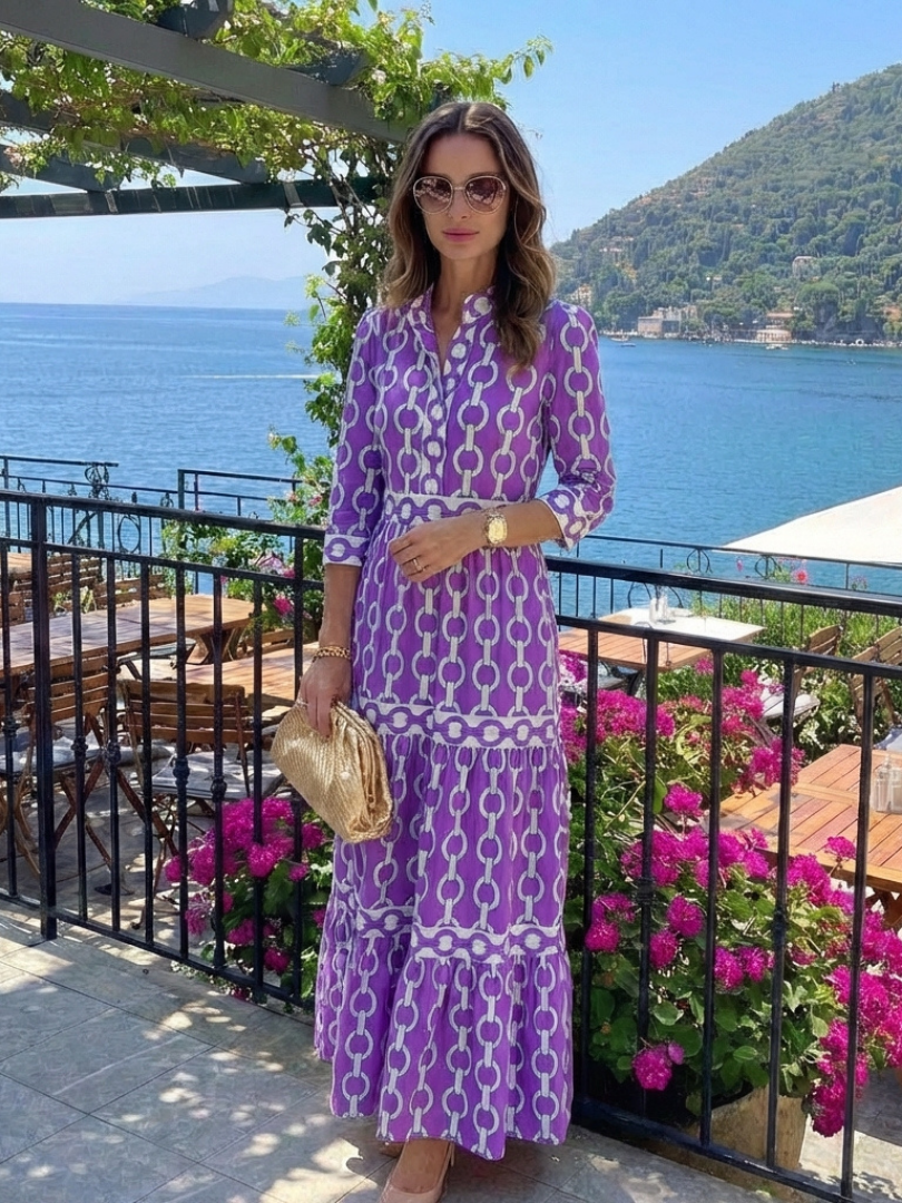 Keziah Chain Print 3/4 Sleeve Midi Dress