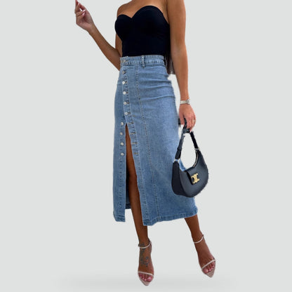Weronika | Damska Spódnica z Rozcięciem i Guzikami w Stylu Denim