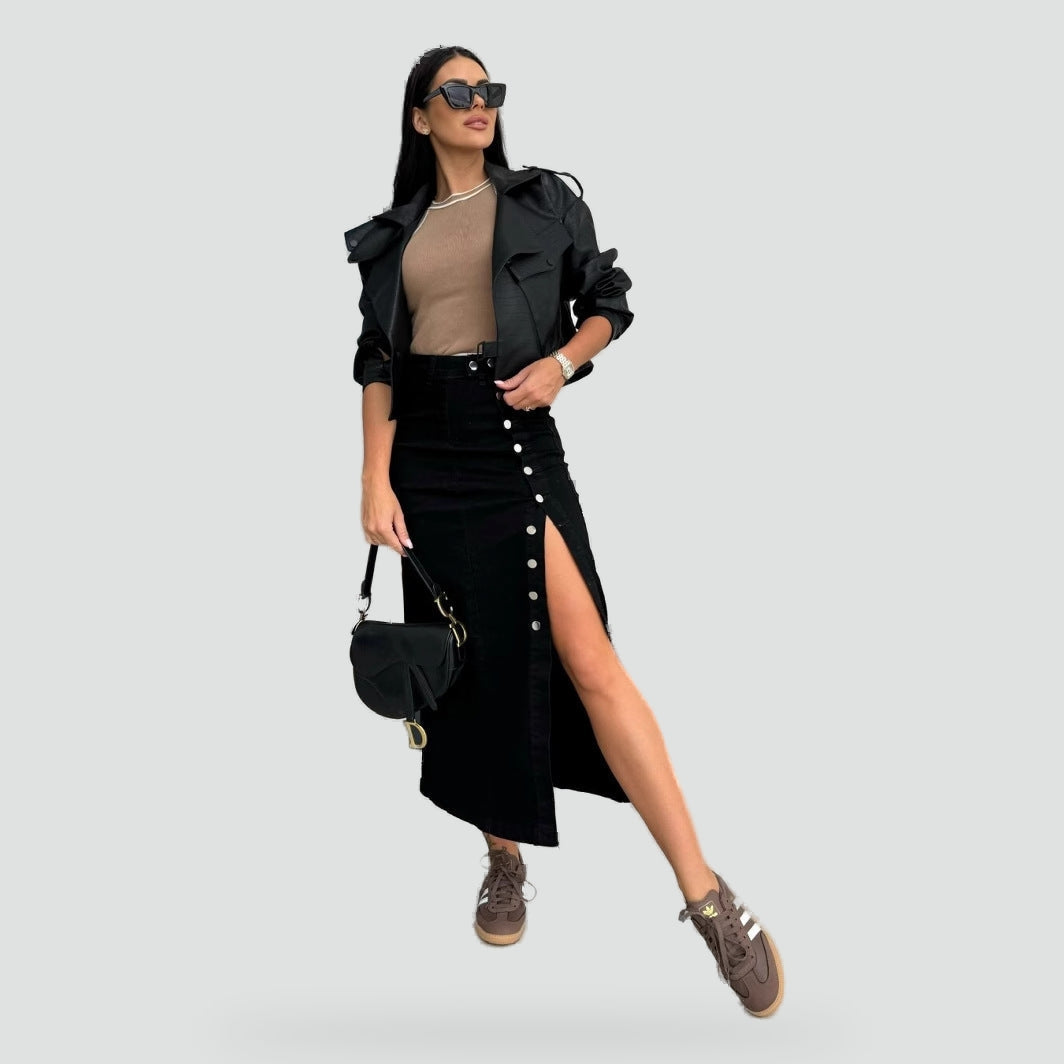 Weronika | Damska Spódnica z Rozcięciem i Guzikami w Stylu Denim