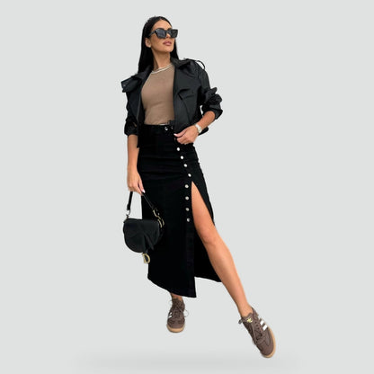 Weronika | Damska Spódnica z Rozcięciem i Guzikami w Stylu Denim