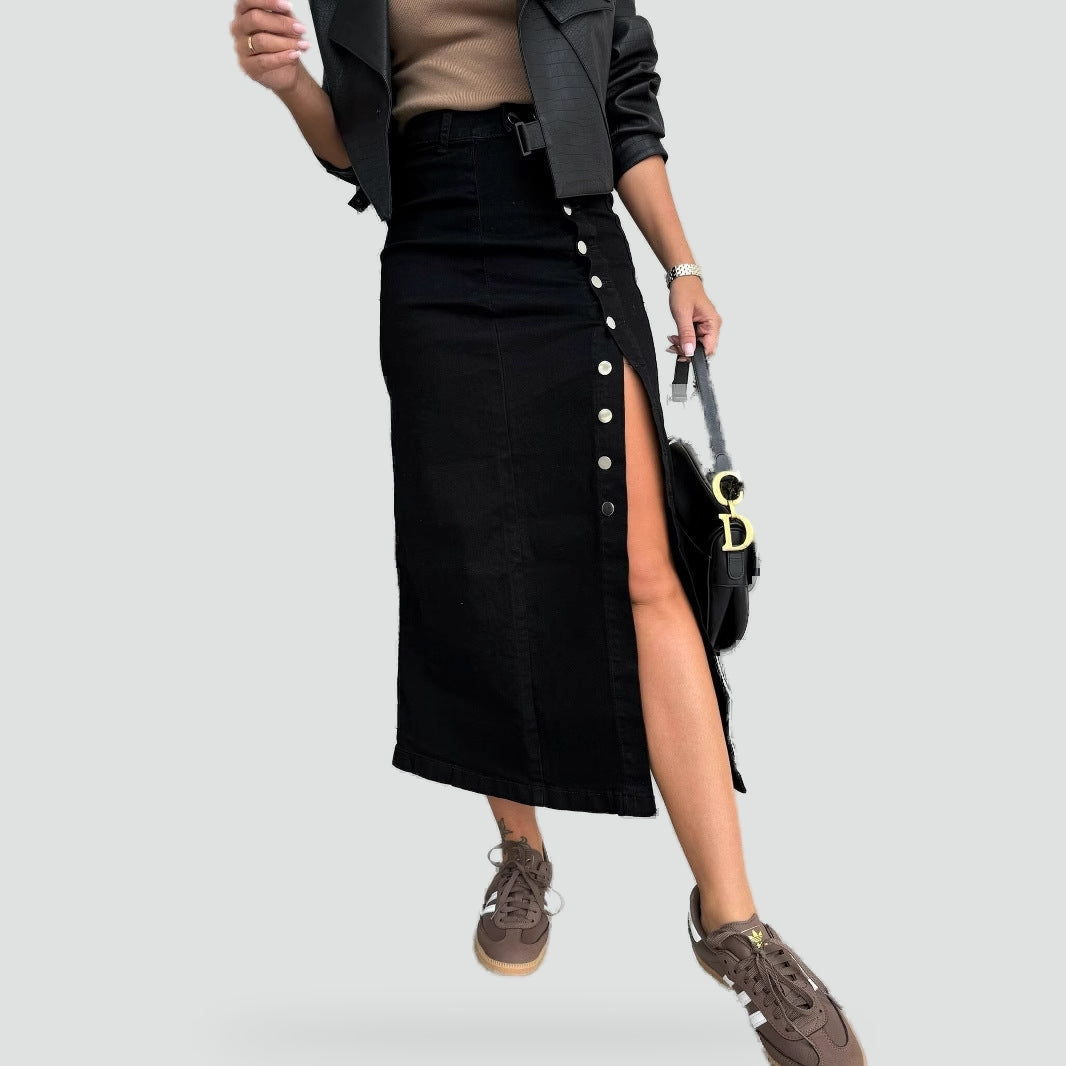 Weronika | Damska Spódnica z Rozcięciem i Guzikami w Stylu Denim
