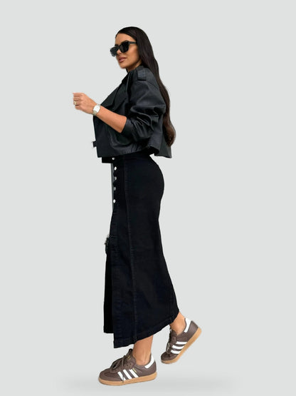 Weronika | Damska Spódnica z Rozcięciem i Guzikami w Stylu Denim