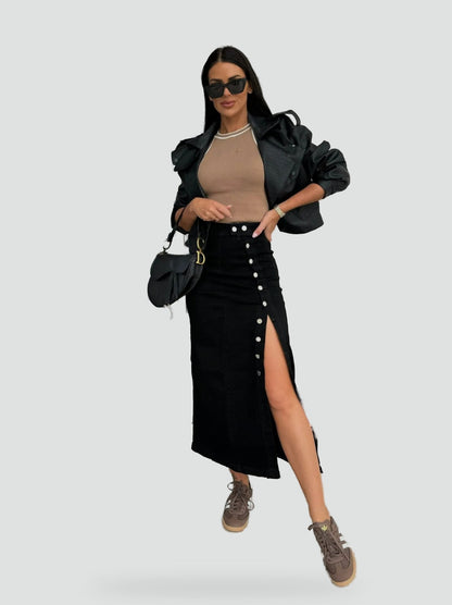 Weronika | Damska Spódnica z Rozcięciem i Guzikami w Stylu Denim