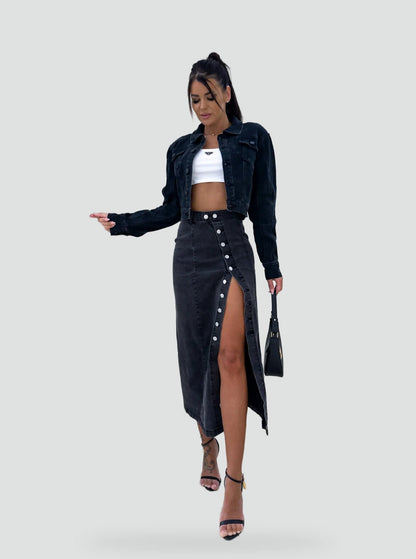 Weronika | Damska Spódnica z Rozcięciem i Guzikami w Stylu Denim