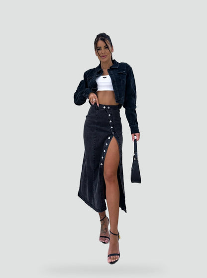 Weronika | Damska Spódnica z Rozcięciem i Guzikami w Stylu Denim